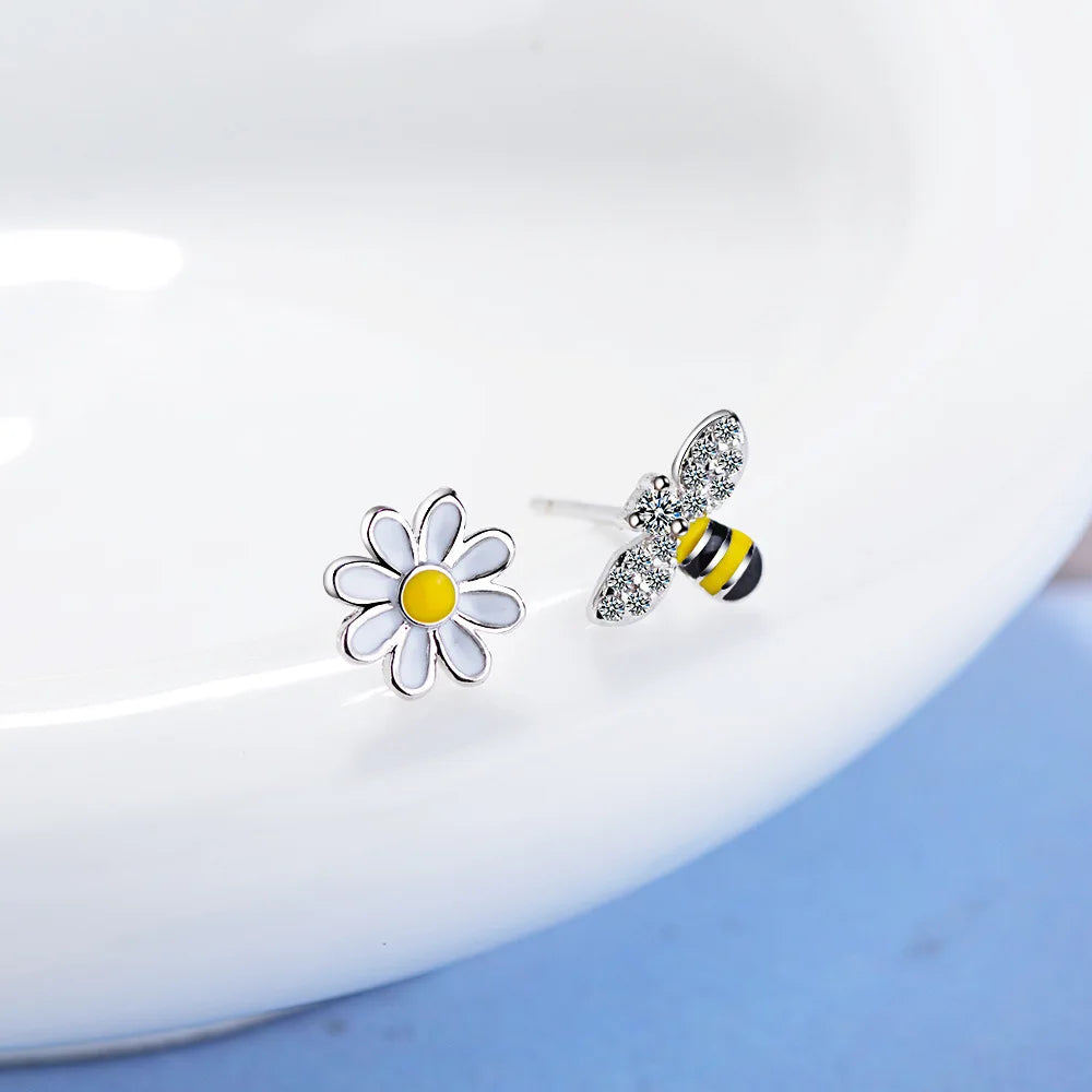 Lovely Asymmetric Bee Sun Flower Zircon Earrings For Women Girl 925 Sterling Silver Earrings boucle d'oreille S-E644