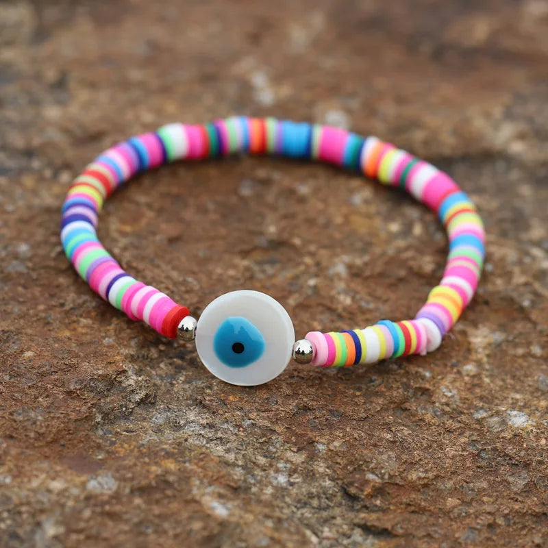 Hemasa Fashion 8 Pcs  Multicolor Polymer Clay  Beads with Lucky Eye Charm Bracelet