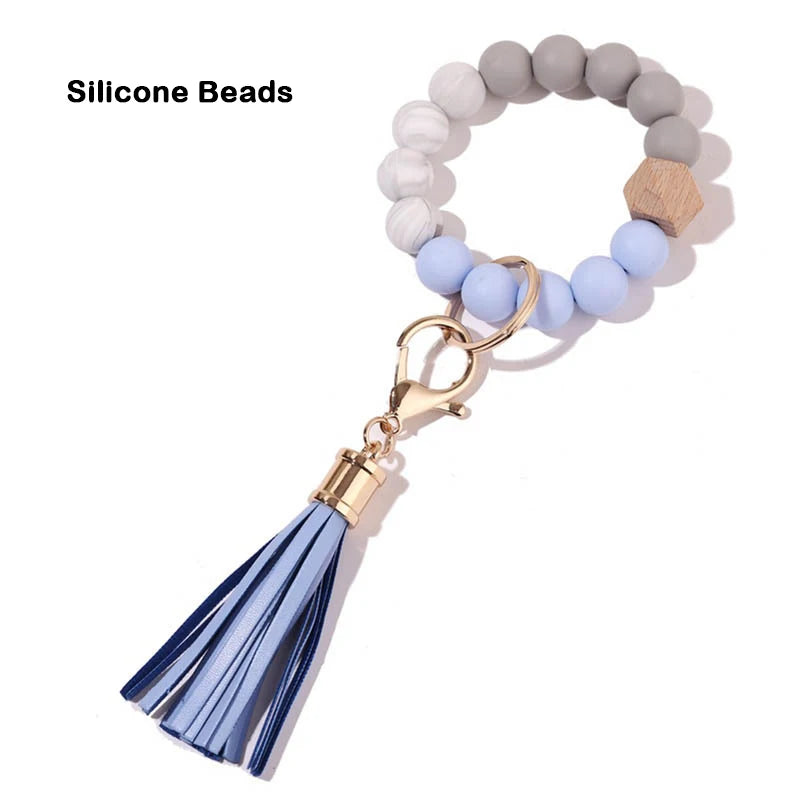 Silicone Keychain For Keys Tassel Wood Beads Bracelet Keyring For Women Accessories Multicolor Keychain Wholesale Hot Sale 2022