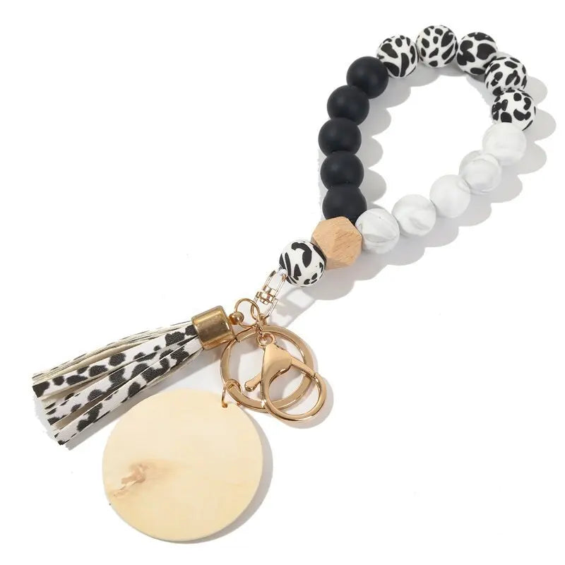 Silicone Keychain For Keys Tassel Wood Beads Bracelet Keyring For Women Multicolor Beads Keychain Fashion Keychain Wholesale