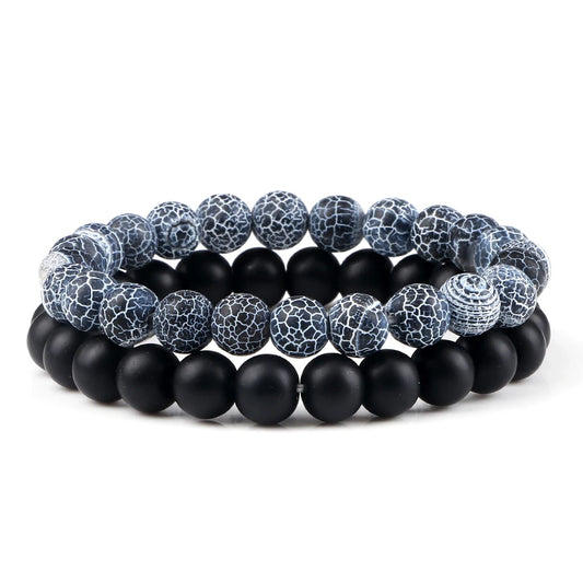 Heamsa 2pcs Men Beads Bracelet Natural Crack Weathered Stone Black Onyx Bangles Stretch Couple Distance Bracelets Yoga Wrist Jewelry