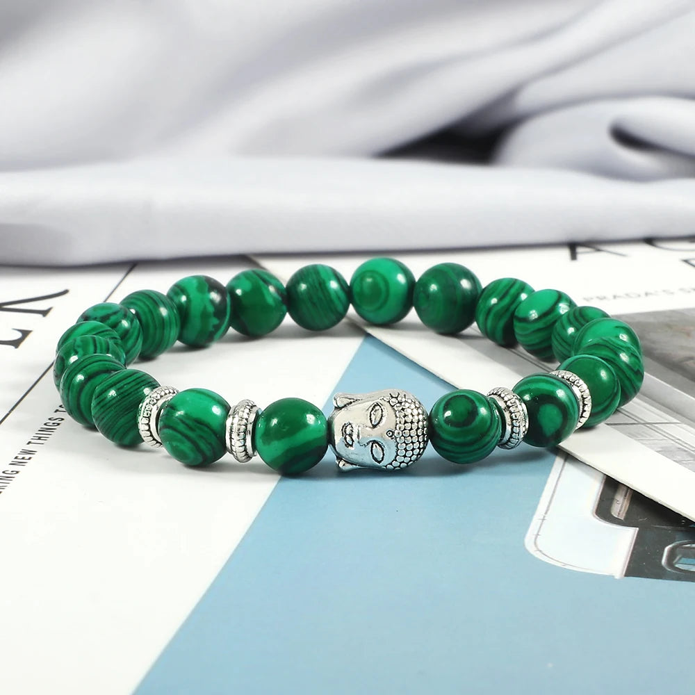 Hemasa Buddha Head Bracelet Natural Onyx Lava Beads Bangle Malachite Stone Elastic Handmade Jewelry For Women Men Buddha Bracelets Gift