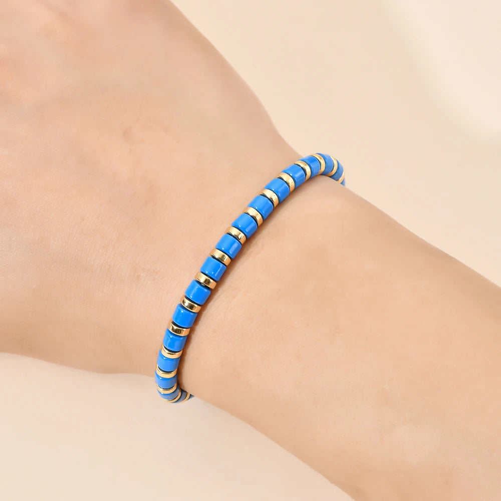New Fashion Boho Style Metal Enamel Charm Stone Beaded Bracelets for Women Men Yoga Stretch Bracelets Bangles Jewelry Gift