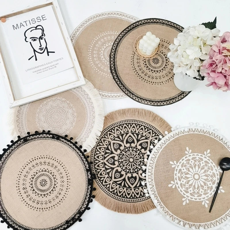 Hemasa Set of 4 Boho Round Jute Woven Place Mats Dining Room Kitchen Table Decor.