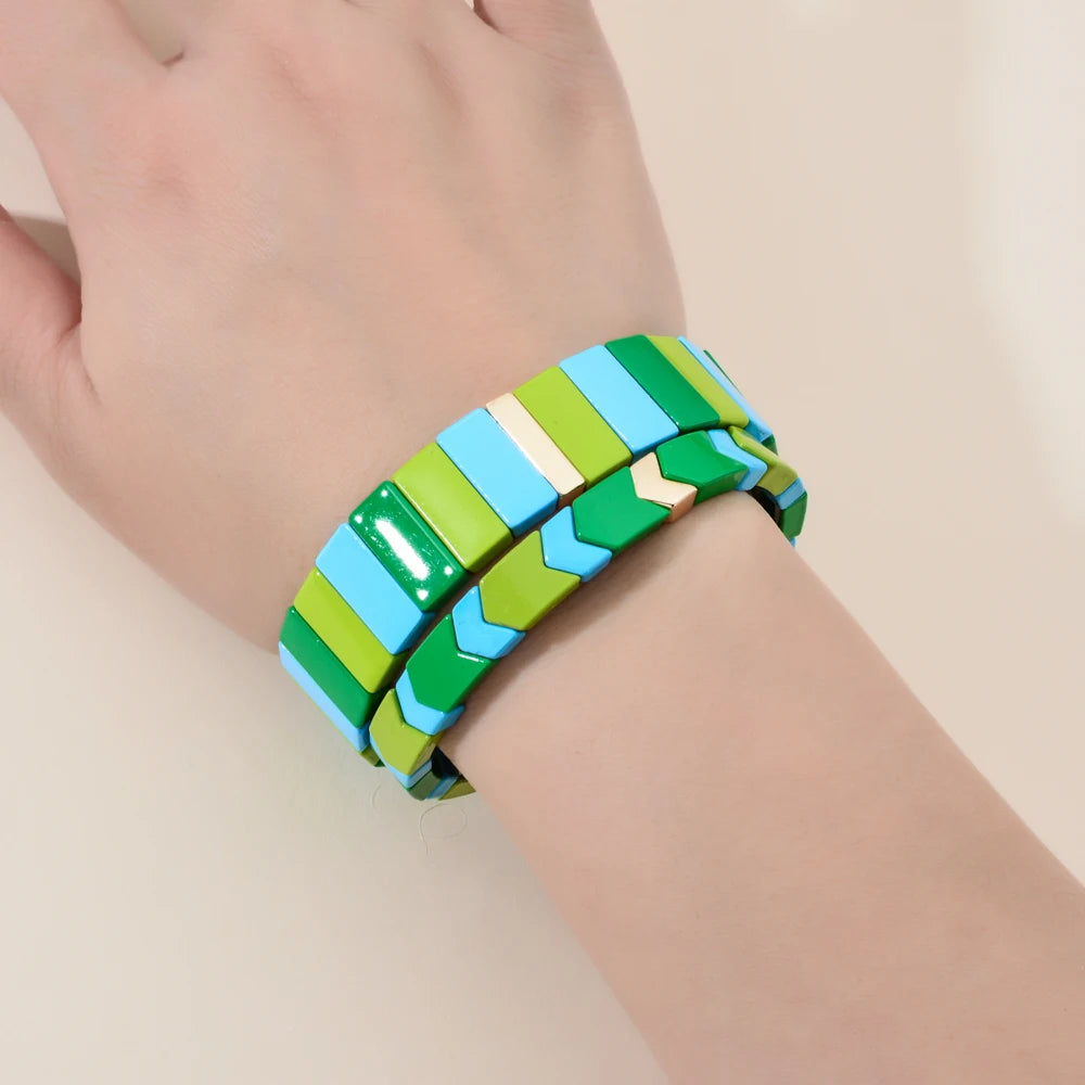 Hemasa Green Bohemian  Enamel Tile Bracelet Boho Type Bangles For Women /Girls