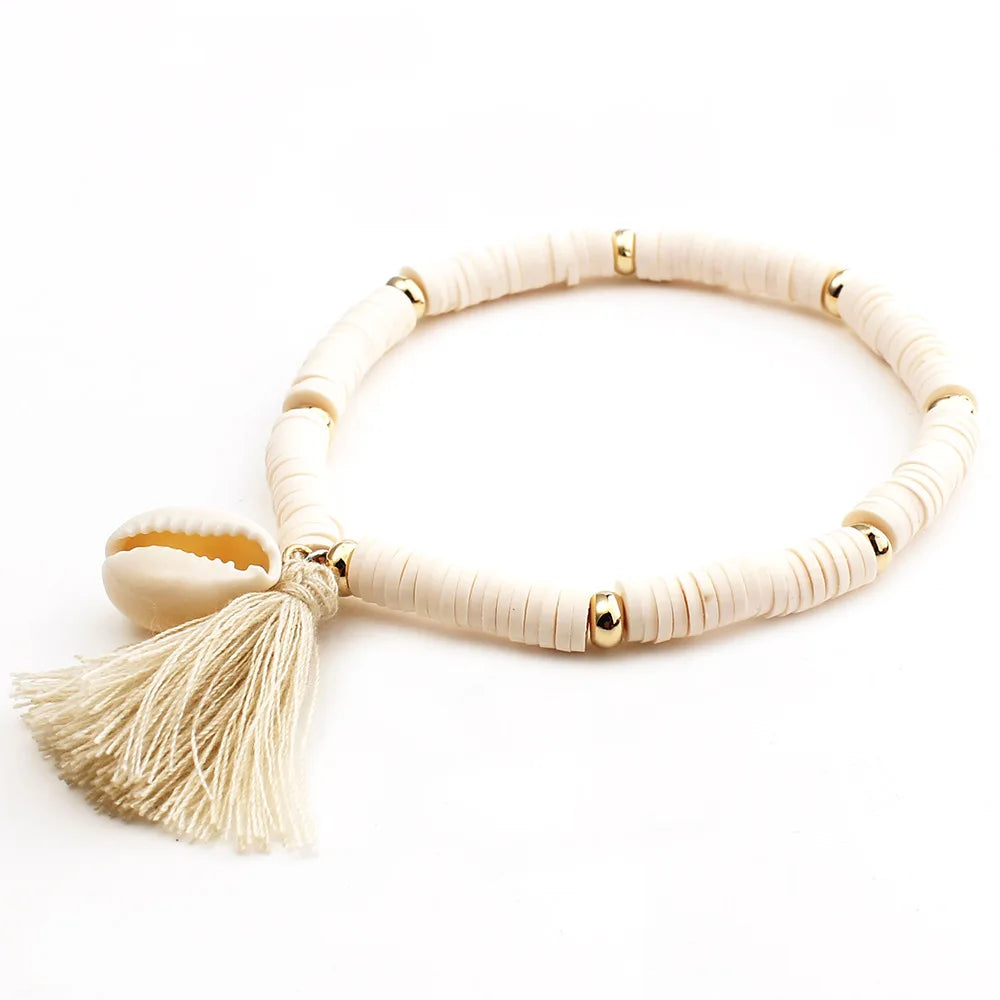 Boho Multicolor Polymer Clay Heishi Beads Cowrie Seashell Cotton Tassels Stretch Bracelet Women Lady Summer Shell Jewelry Gift