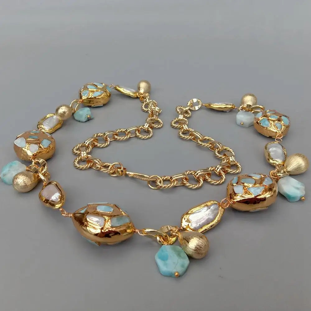YYGEM natural Cultured White Biwa Pearl natural blue larimar chips beads pave Gold Plated Chain Long Necklace 30"