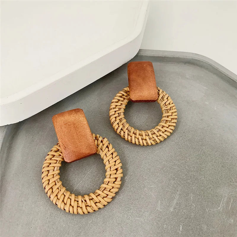 New Fashion Bamboo Wooden Straw Weave Rattan Knit Vine geometric round triangle long earrings bohemian For Women party jewelry