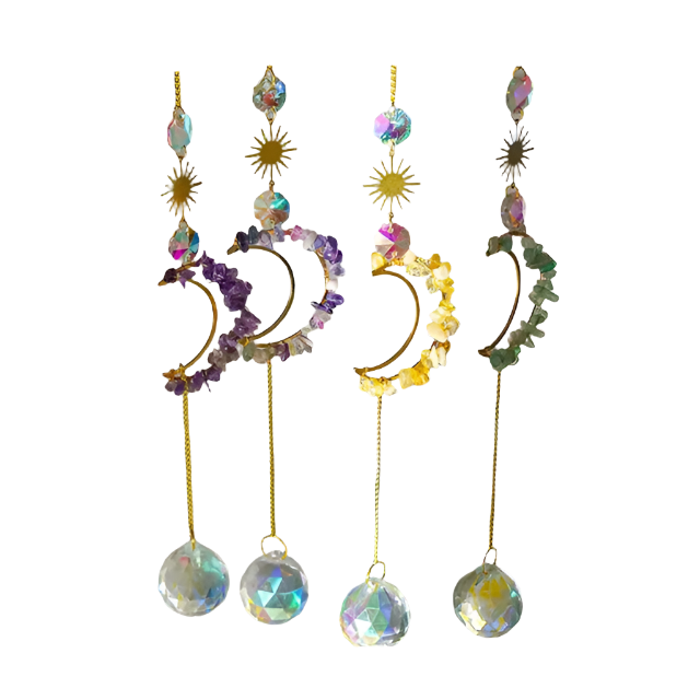fashion jewelry crystal spiritual heal decor wind bells hanging natural mix quartz crystal crescent moon Sun catchers for gift