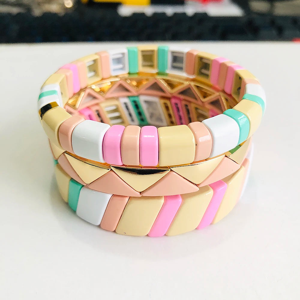 Hemasa  Pink Rainbow Enamel Tile Beaded Bracelets  for women/Girls