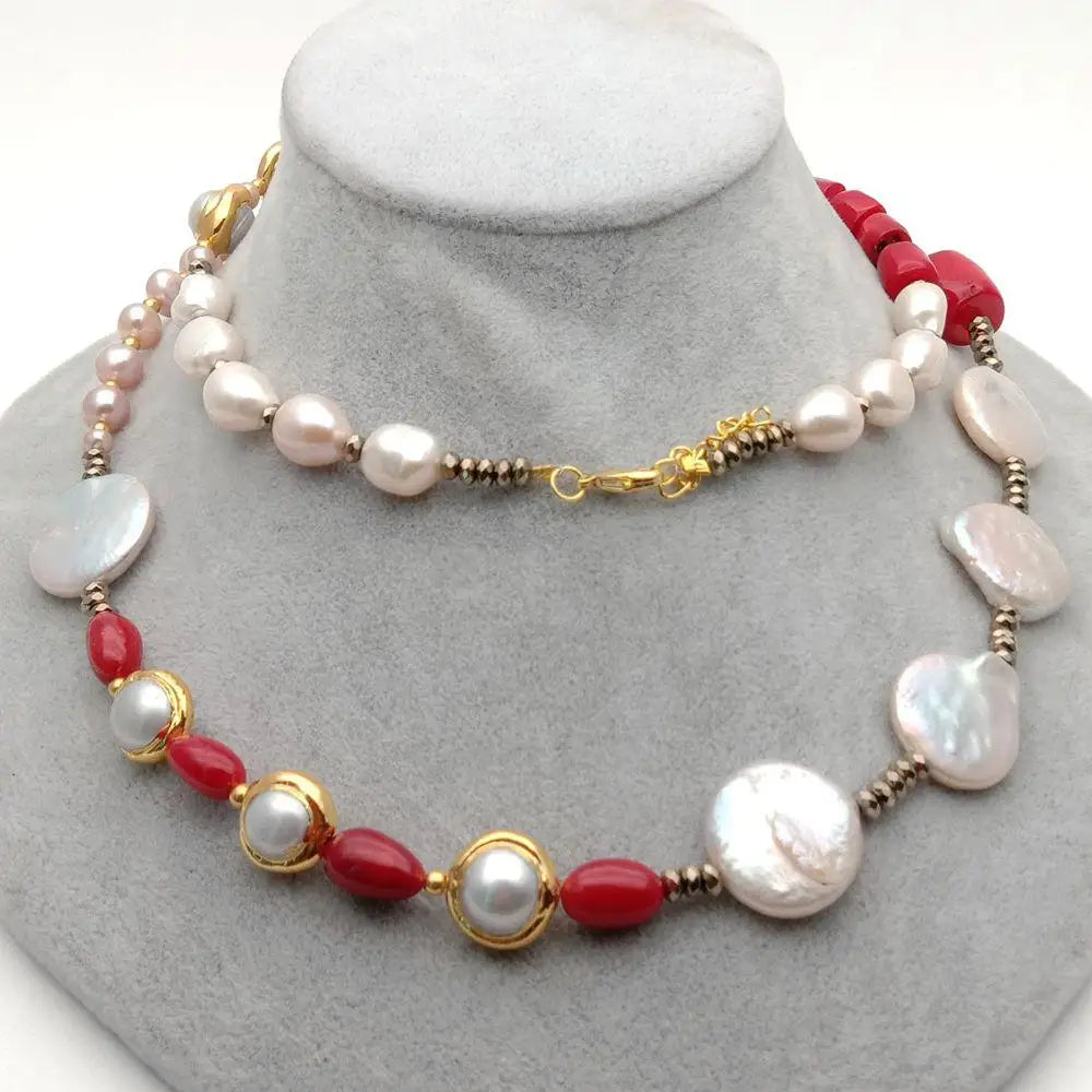 YYGEM Red Coral tube Hematite Rondelle  natural Freshwater White Baroque  Pearl Sweater chain Necklace 33'' For Women Gift
