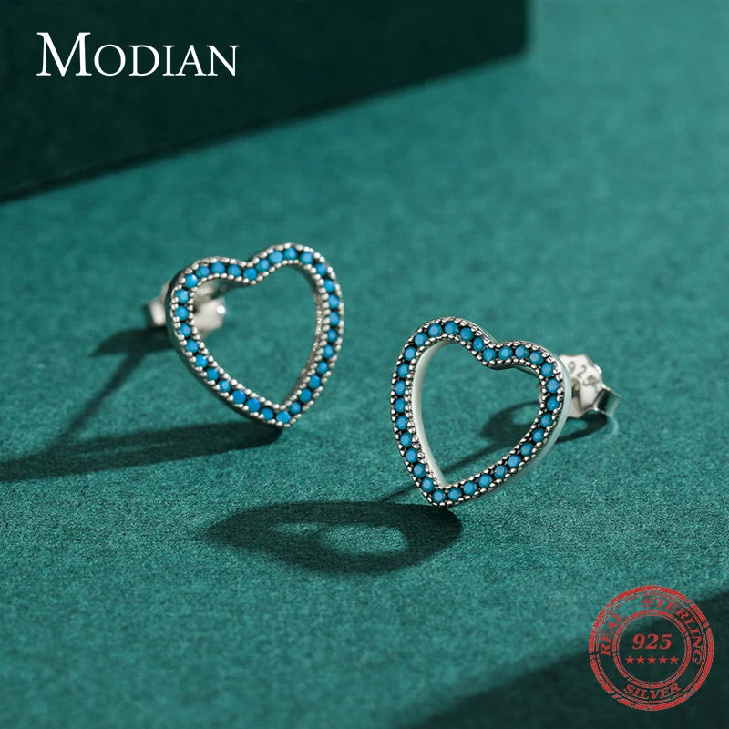 MODIAN Pure 925 Sterling Silver Romantic Simple Hearts Charm Turquoise Stud Earrings For Women Wedding Statement Jewelry Aretes