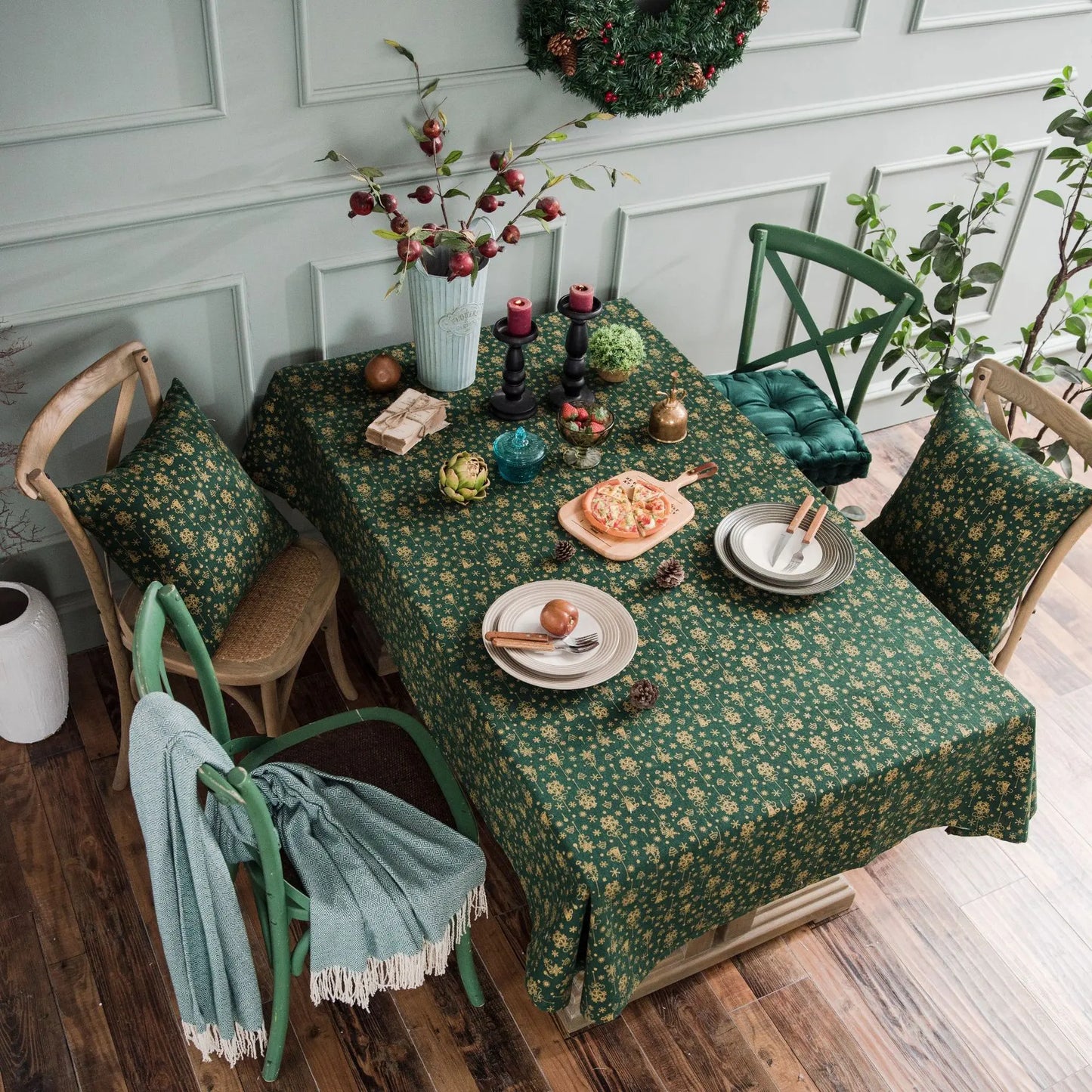 Tejesa Green Tablecloth with Christmas Pattern, Cloth, Pillowcase, Wedding Decoration, Banquet Table Cover