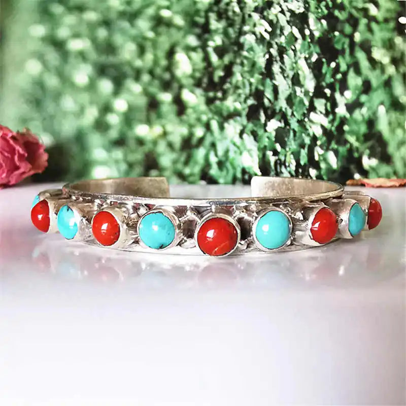 Hemasa  Nepal 925 Sterling Silver Turquoise Coral Beads Open Cuff Bangle for Girls