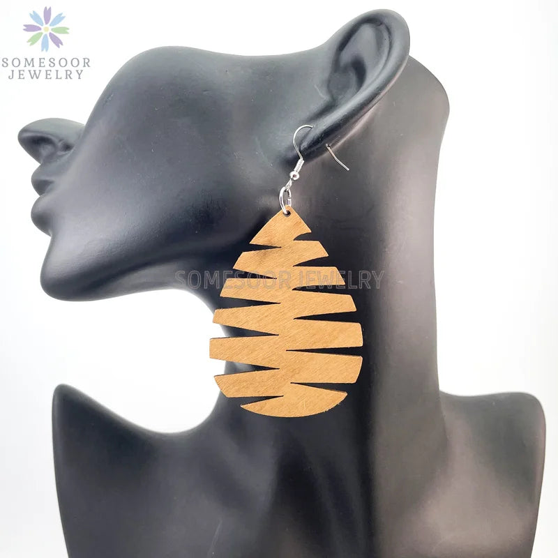 SOMESOOR Tree Leaves Life Engraved Unfinished Wooden Drop Earrings African Ethnic Bohemian Big Dangle Jewelry For Women Gifts