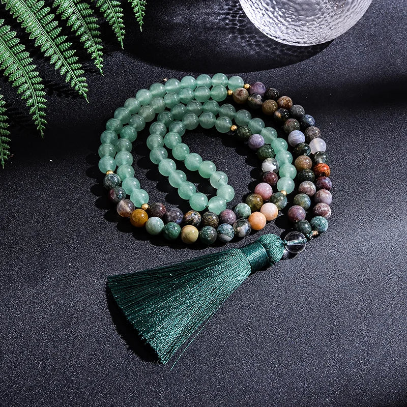 8mm Indian Agate Green Aventurine 108 Beads Japamala Necklace Bracelet Set Meditation Yoga Blessing Men and Women Jewelry