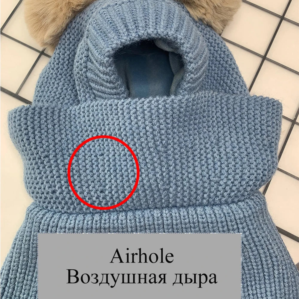 Winter Baby Balaclava Hat PomPom Knit Kids Beanie Hat for Baby Girl and Baby Boy Hat Scarf Double Layer