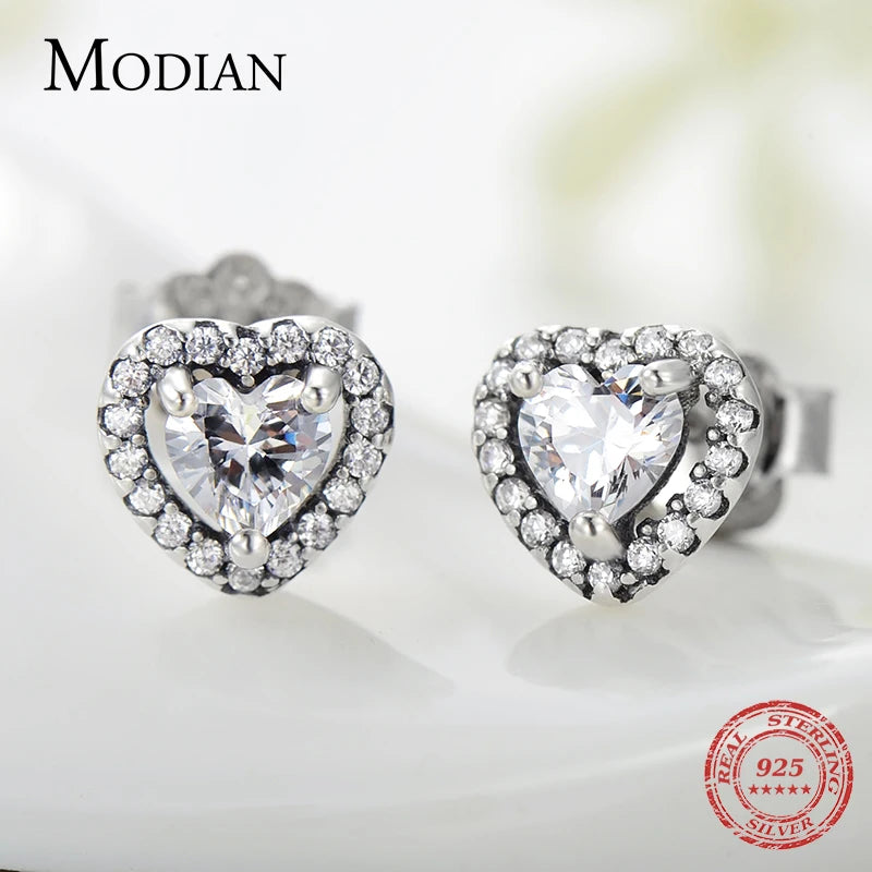 Modian Dazzling 925 Sterling Silver Clear CZ Heart Fashion Stud Earrings for Women Charm Wedding Statement Silver Fine Jewelry