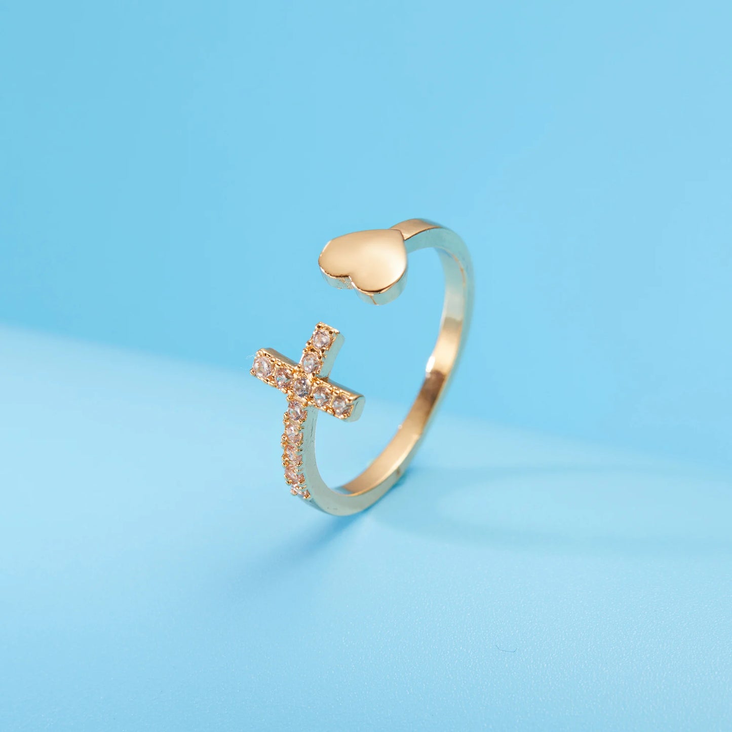 Classic Popular Zircon Cross With Heart Rings For Women New Rose Gold Color Open Adjustable Wedding Ring Dropshipping