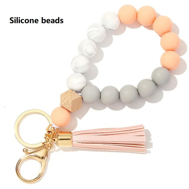 Silicone Keychain with Safe Card Picker Rainbow Color Silicone Beads Women Keyrings Barcelet Fashion Keychains For Keys Bag Car