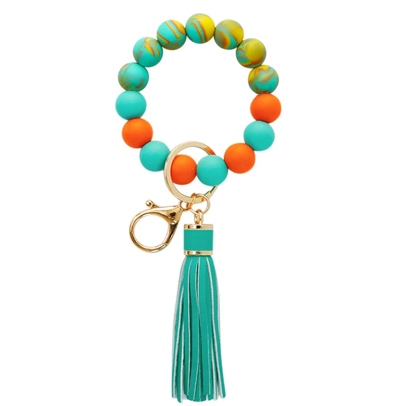 Silicone Keychain with Safe Card Picker Rainbow Color Silicone Beads Women Keyrings Barcelet Fashion Keychains For Keys Bag Car