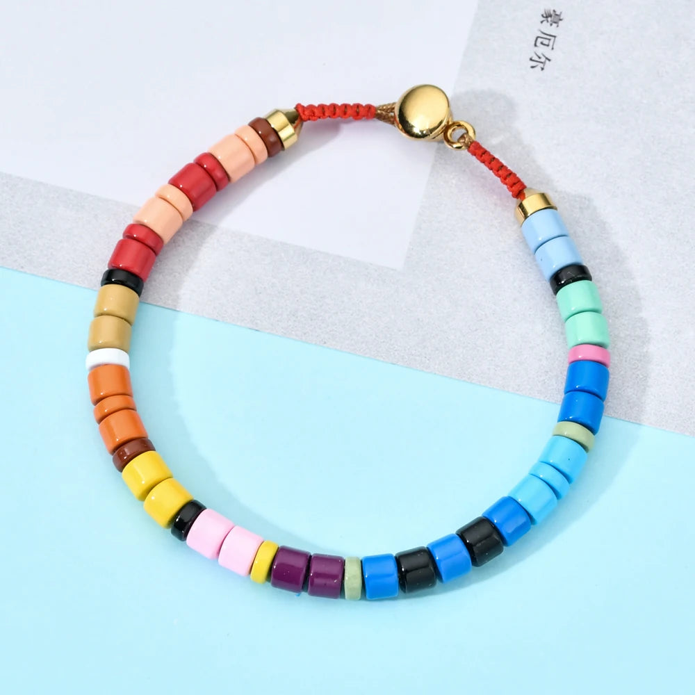 Hemasa Multicolor Enamel Tile Beads  Elastic Rainbow Bracelet  for Girl /Friend /Women