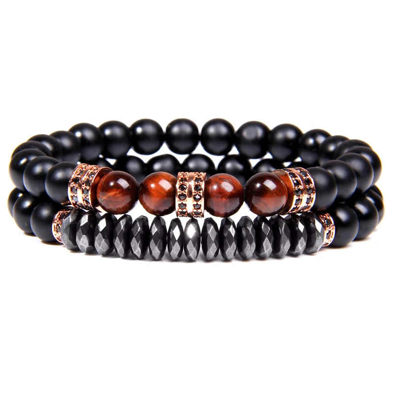 Fashion 2pcs Bead Bracelet Men Natural Tiger Eye Hematite Obsidian Beaded Bracelets Homme Energy Stretch Bracelet Men Jewelry