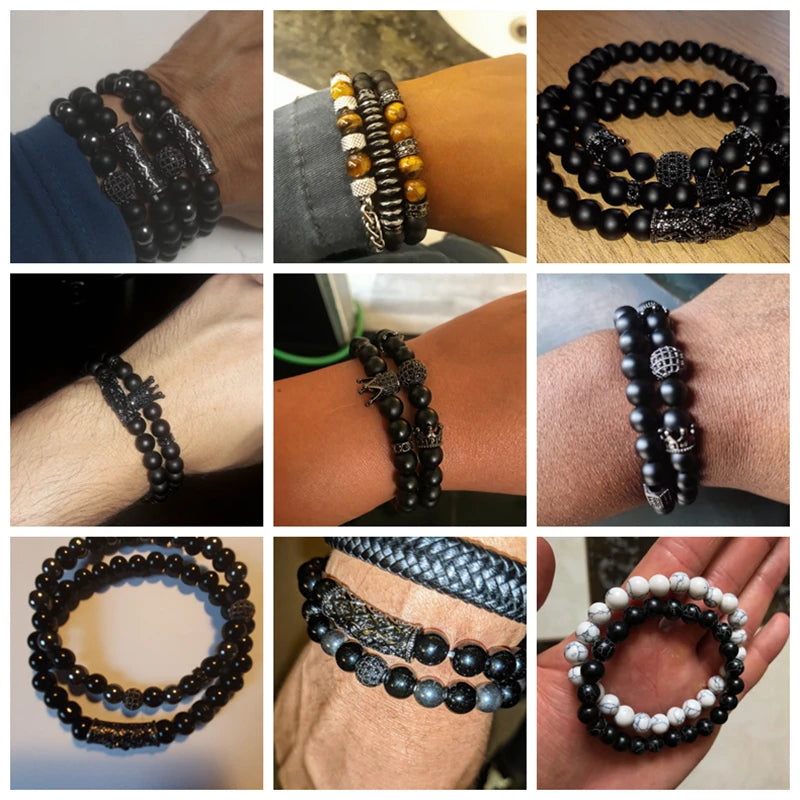 Fashion 2pcs Bead Bracelet Men Natural Tiger Eye Hematite Obsidian Beaded Bracelets Homme Energy Stretch Bracelet Men Jewelry