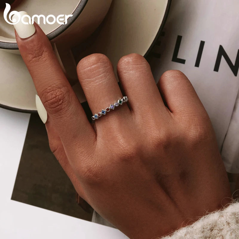 BAMOER 925 Sterling Silver Rainbow CZ Simple Fashion Finger Ring Stackable Band Rings For Women Classic Jewelry