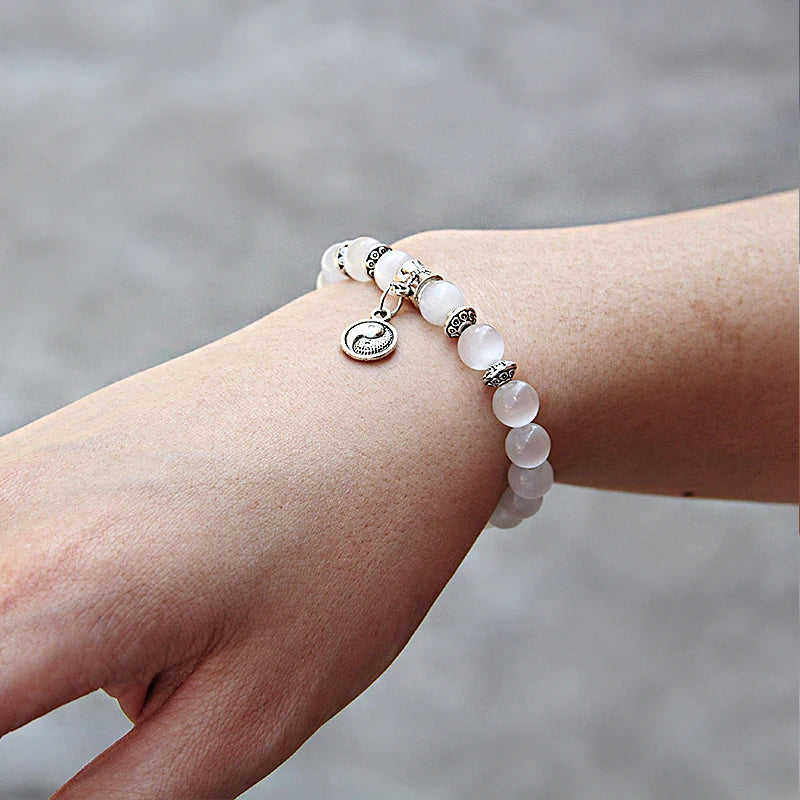 Butterfly Charm White Cat Eye Stone Bracelets For Women Men Crown Swan Elephant Pendant Moonstone Beads Bracelet Fashion Jewelry