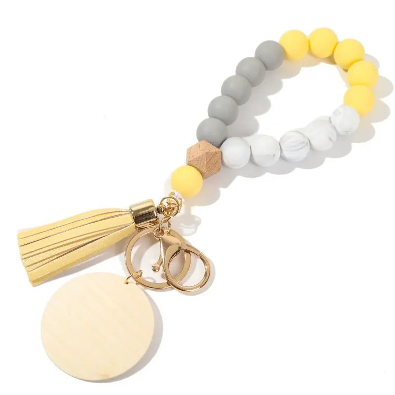 Silicone Keychain For Keys Tassel Wood Beads Bracelet Keyring For Women Multicolor Beads Keychain Fashion Keychain Wholesale