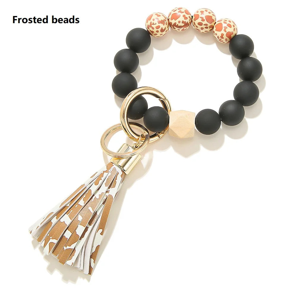 Silicone Keychain For Keys Tassel Wood Beads Bracelet Keyring For Women Multicolor Beads Keychain Fashion Keychain Wholesale