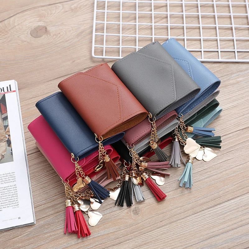 2024 New Korean Style Short Tassel Ladies Wallet Card Holder Student Pure Pendant Buckle Bag Multicolor Small Handbag Women's