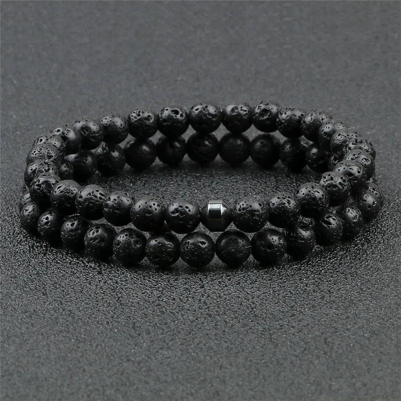 Hemasa  6mm Natural Black Matte Blue Beaded Stone Bracelets