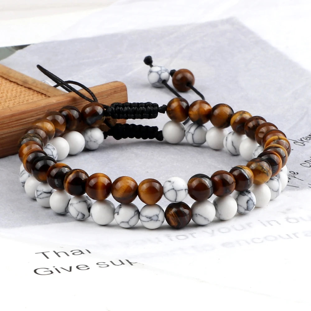 2pcs/set Red Beaded Bracelets Natural Tiger Eye Stone Rock Strand Handmade Braided Rope Bracelets&Bangle Women Men Charm Jewelry