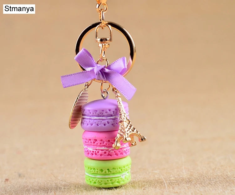 New Cake Key chain fashion car Key Ring Women bag charm accessories France Cake Macarons with Eiffel Tower Keychain gift Jewelry
