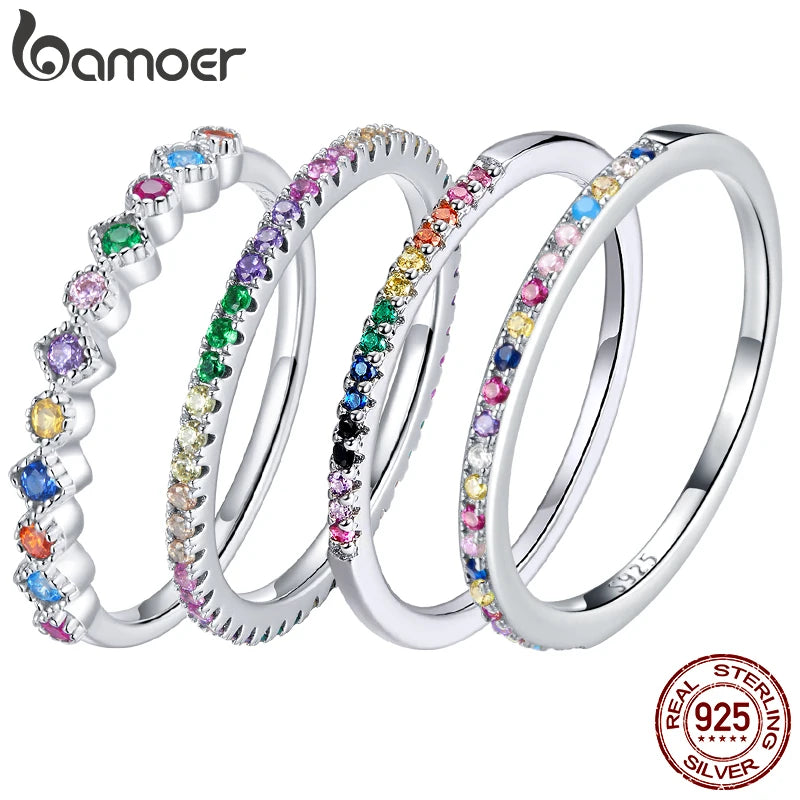 BAMOER 925 Sterling Silver Rainbow CZ Simple Fashion Finger Ring Stackable Band Rings For Women Classic Jewelry