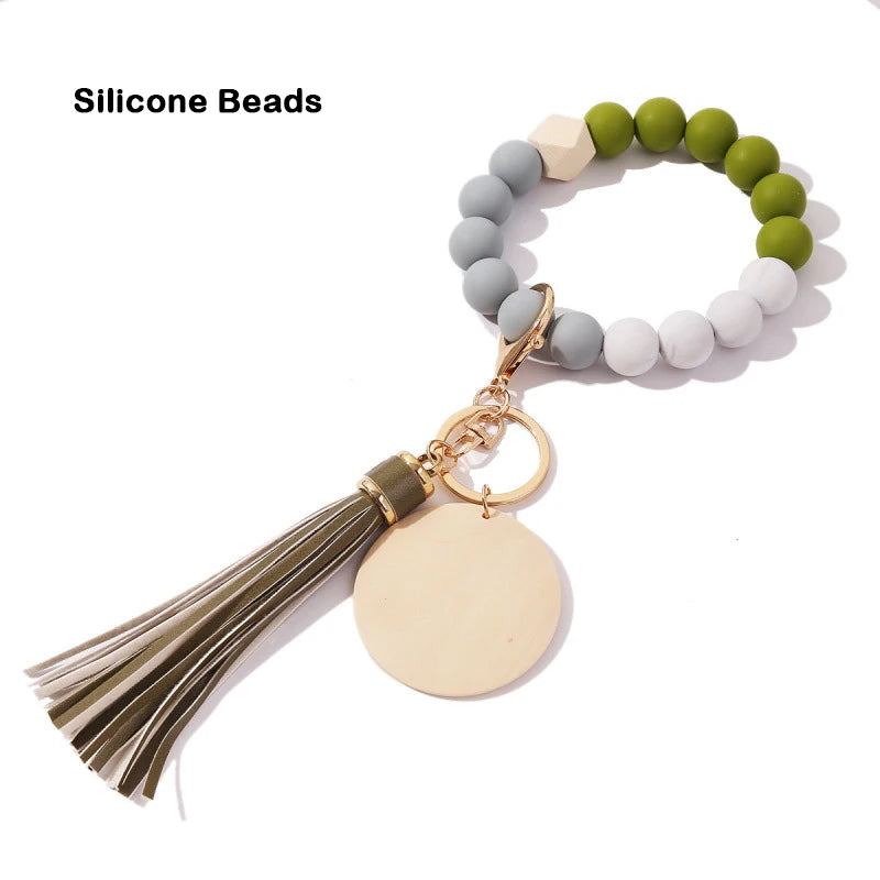 Silicone Keychain For Keys Tassel Wood Beads Bracelet Keyring For Women Accessories Multicolor Keychain Wholesale Hot Sale 2022
