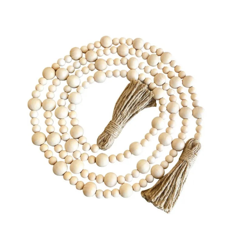 Wooden Bead Garland with Tassels Rustic Country Farmhouse Home Holiday Christmas Tree Garland Tray Wall Hanging Photo Props