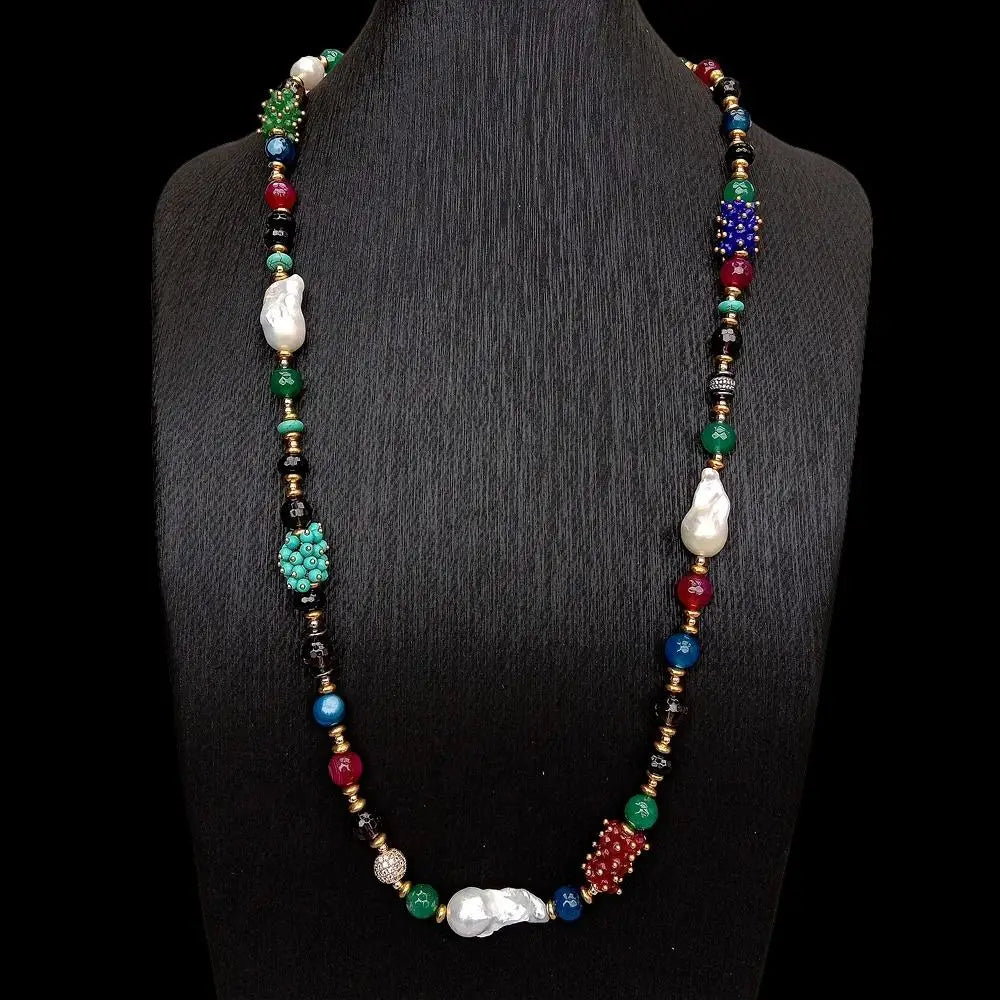 YYGEM Different shape Smoky Quartz Agate Turquoise 16x26mm  Freshwater Cultured White Keshi Pearl Long Necklace 33"