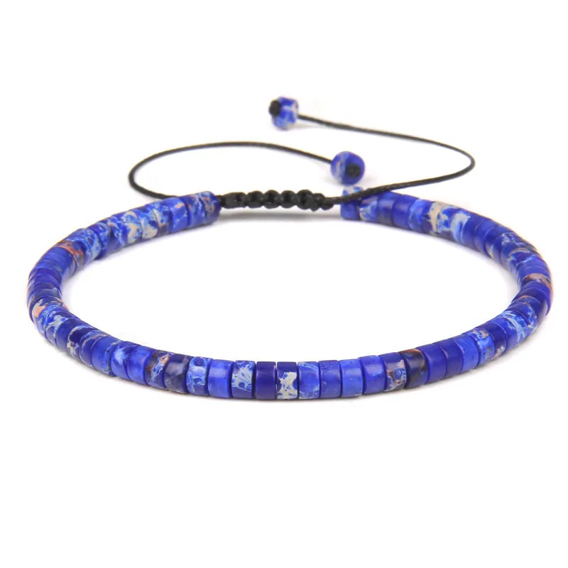 Tejesa  Natural Blue Emperor Stone Beads Woven Bracelet Polished Flat Shape Adjustable Rope Lady's Gift Beaded Bracelet