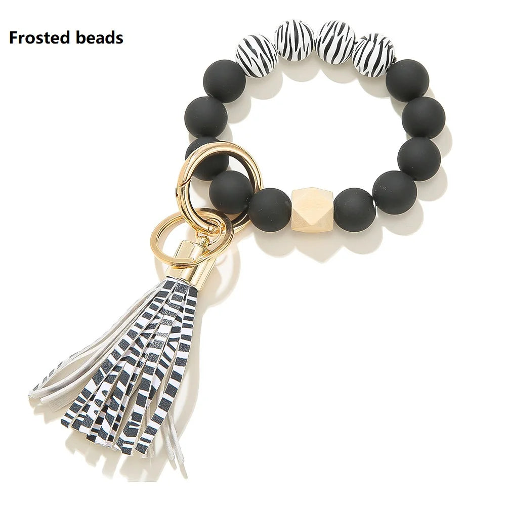 Silicone Keychain For Keys Tassel Wood Beads Bracelet Keyring For Women Multicolor Beads Keychain Fashion Keychain Wholesale