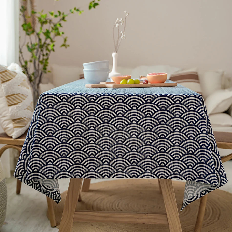 Tejesa  Linen Rectangular Blue Sea Ripple Home Coffee Dining Table Fireplace Microwave Table Cloth Cover