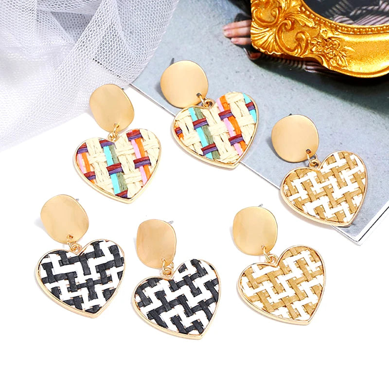 3Colors New Handmade Straw Woven Rattan Earrings 2020 For Women Grils Heart Pendant Earring Brincos Geometric Party Jewelry Gift