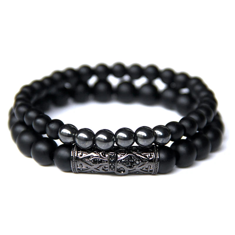 Fashion 2pcs Bead Bracelet Men Natural Tiger Eye Hematite Obsidian Beaded Bracelets Homme Energy Stretch Bracelet Men Jewelry
