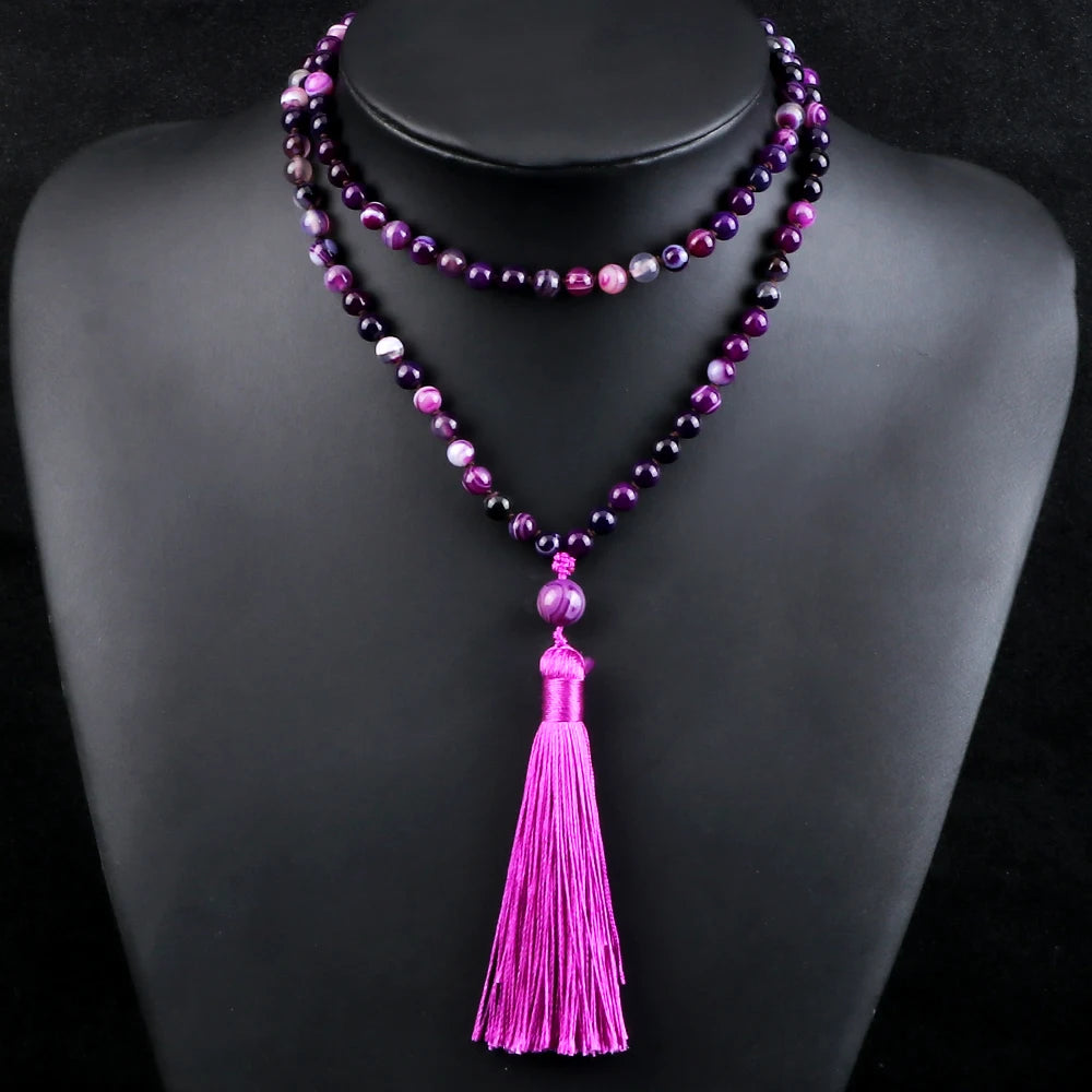 Women Mala Bohemian Tassel Necklace 108 Beads Natural Stone Purple Stripe Onyx Stone Beaded Necklace Buddhist Buddha Jewelry