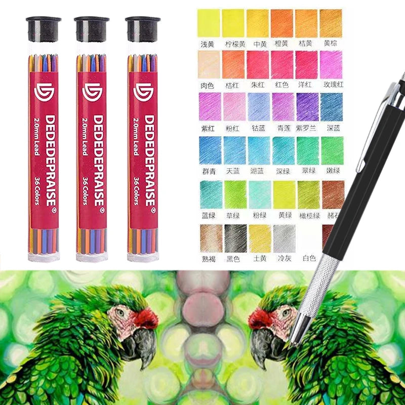 DEDEDEPRAISE Sketch 2.0MM Press Mechanical Pencil & 36colors Leads Drawing Colored Pencils Automatic Pencils Replacement Leads