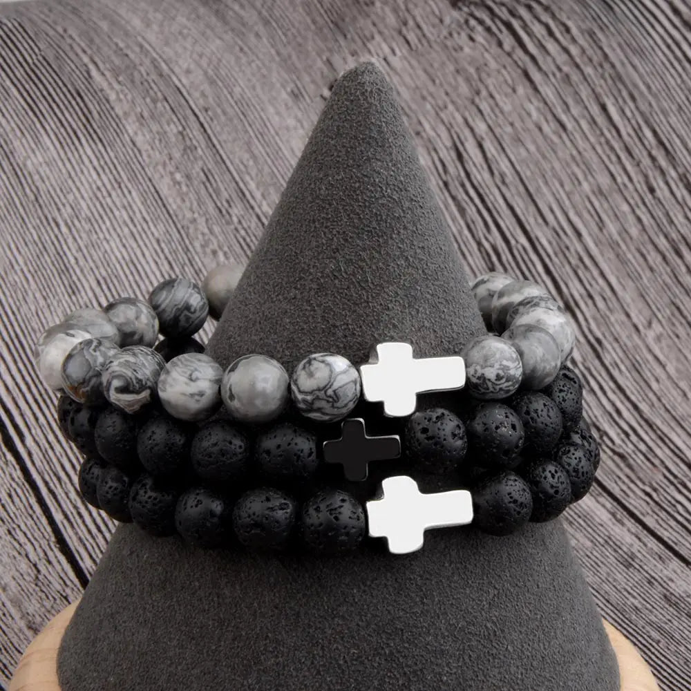 Hemasa Natural Stone Cross Bracelets Hematite Stainless Steel Cross Elastic Rope Map Lava Bead Bracelet For Men Women Charm Jewelry