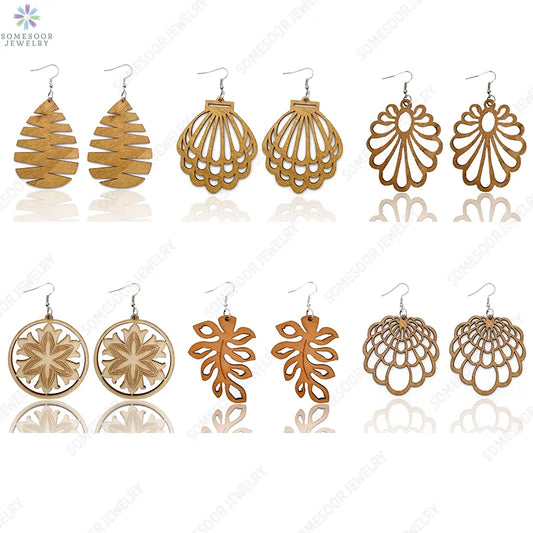 SOMESOOR Tree Leaves Life Engraved Unfinished Wooden Drop Earrings African Ethnic Bohemian Big Dangle Jewelry For Women Gifts