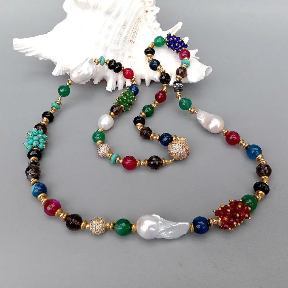 YYGEM Different shape Smoky Quartz Agate Turquoise 16x26mm  Freshwater Cultured White Keshi Pearl Long Necklace 33"
